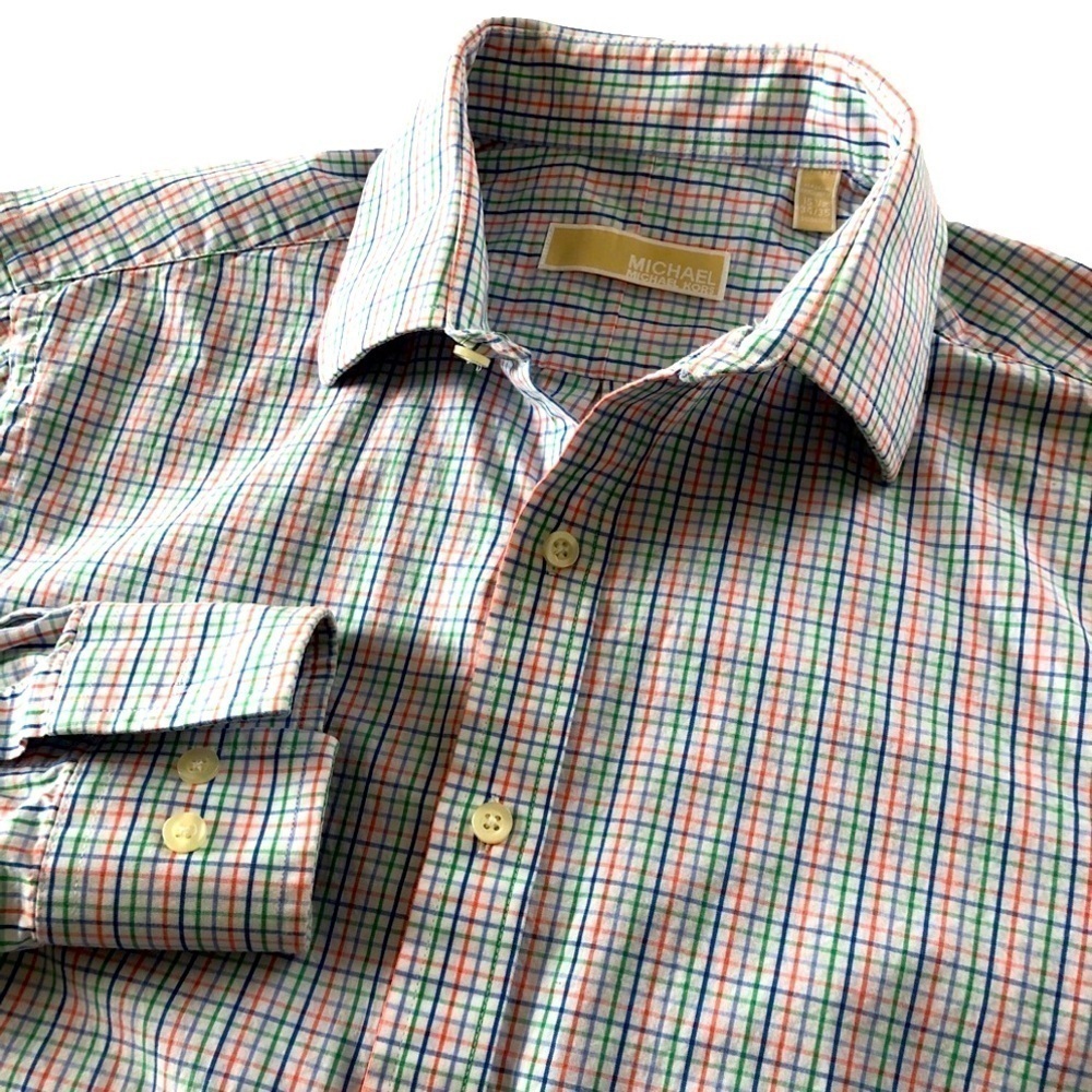 Michael Kors Men's Slim Fit Dress Shirt Red,Green,Blue Checkers. 100% Cotton.